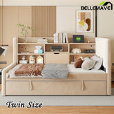 Bellemave® Twin Size Upholstered Daybed with Trundle, Storage Shelves, USB & Outlet - Bellemave